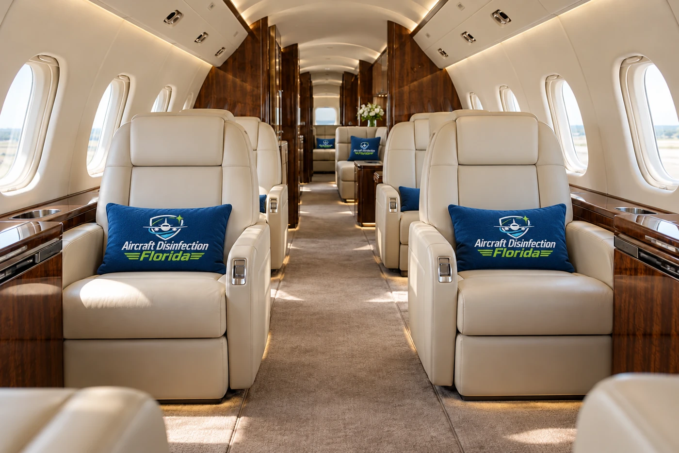Private jet cabin with blue pillows embroidered with the Aircraft Disinfection Florida logo