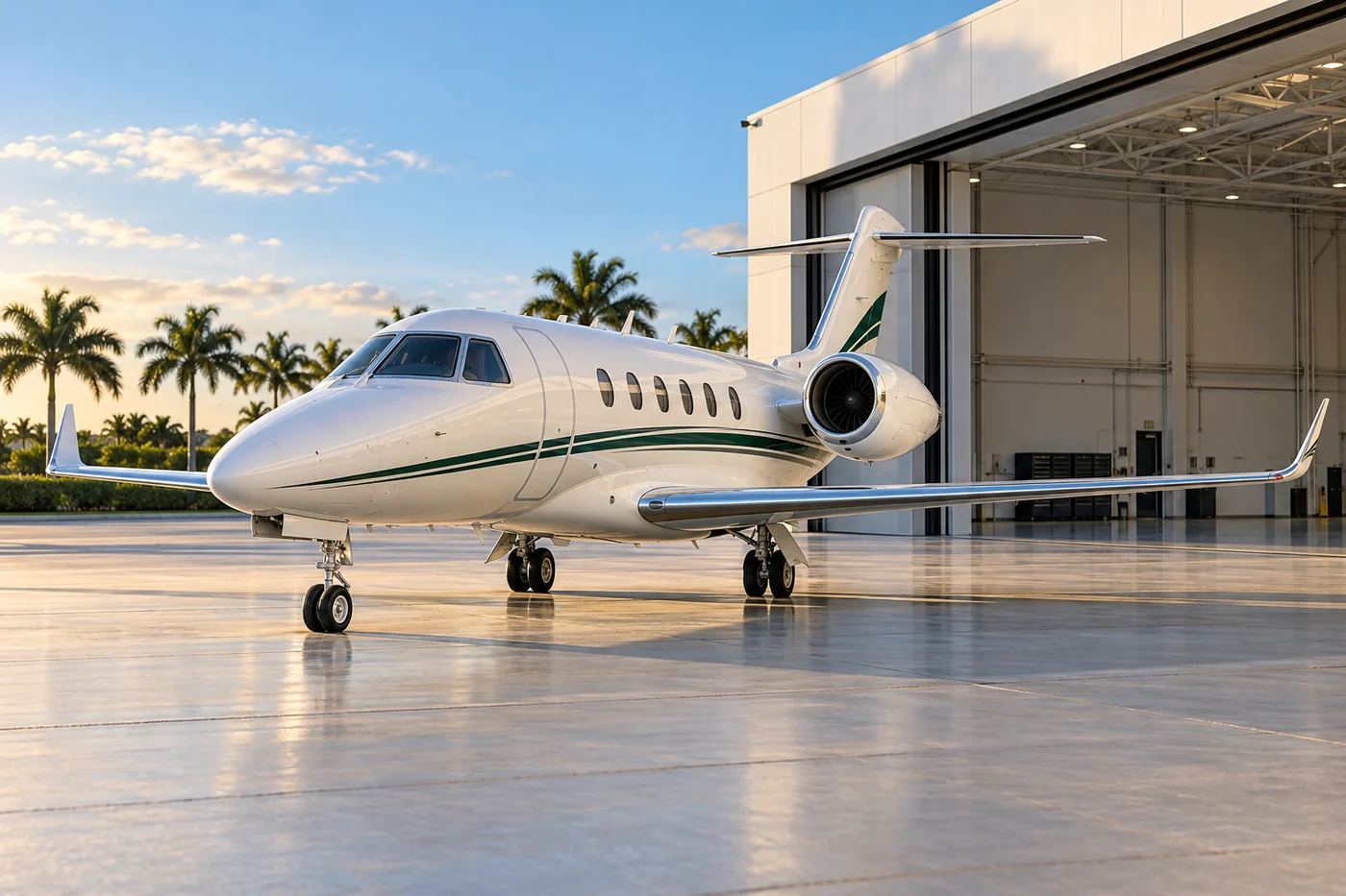 White business jet beside a palm-lined South Florida hangar